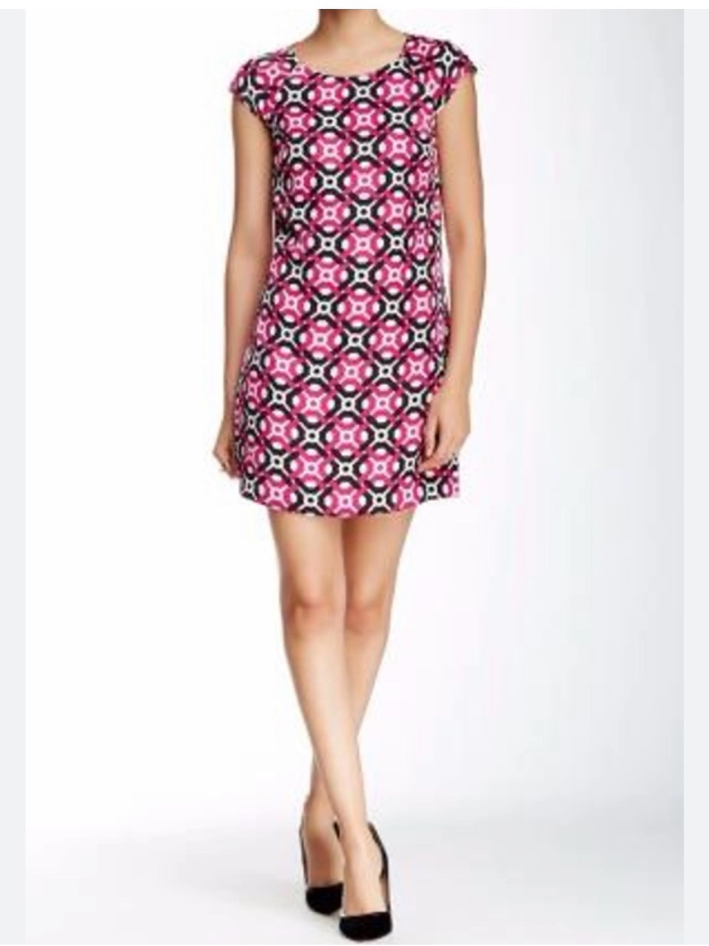 Laundry By Shelli Segal Pink and Black Geo Print Cap-Sleeve Mini Dress